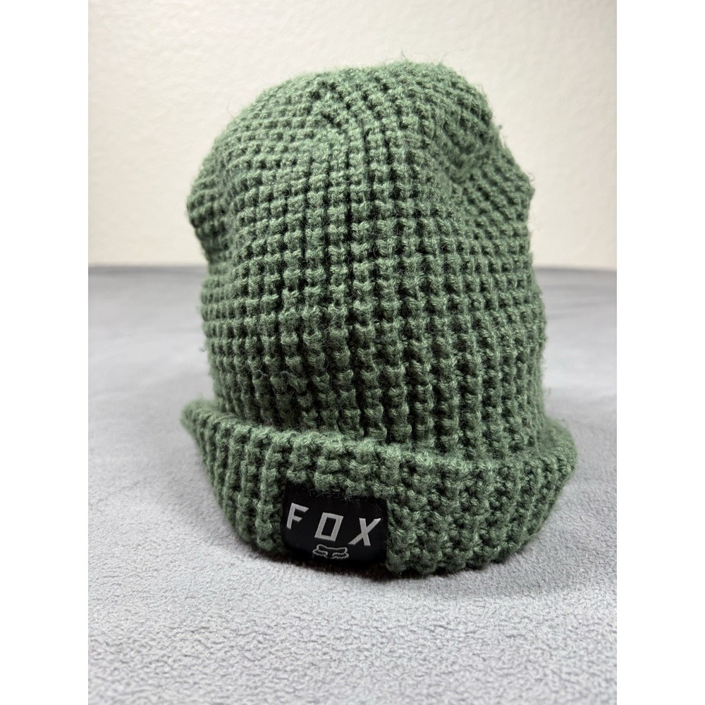 Fox Racing Beanie Hat Men Green Waffle Knit Logo One Size Winter Skull Cap